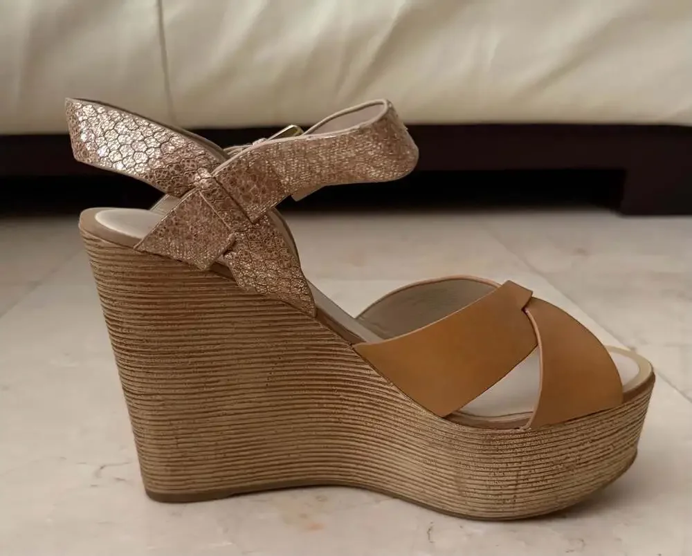 Aldo Regnano Tan and Metallic Cross-Strap Platform Wedge Sandals